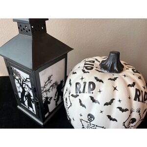 Black  & White Skeleton Pumpkin Halloween Decor Gothic RIP Bats Handcrafted 10in